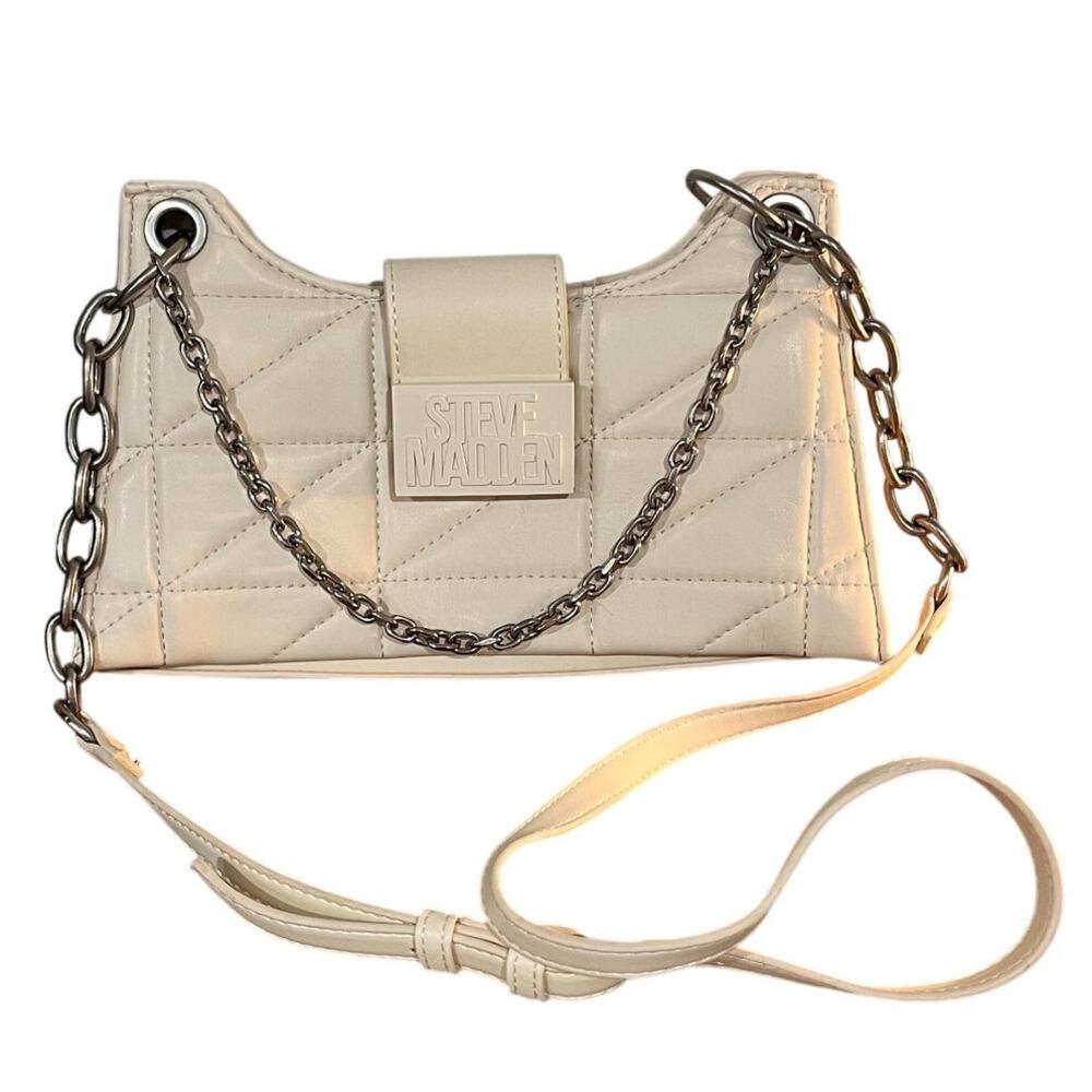 Steve Madden Quilted Cream Ivory Shoulder Bag w/ Silver Chain Strap Adjustable